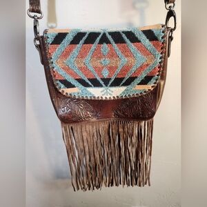 Shyanne Western Bohemian‎ Leather Fringe Crossbody Hand Tooled Bag